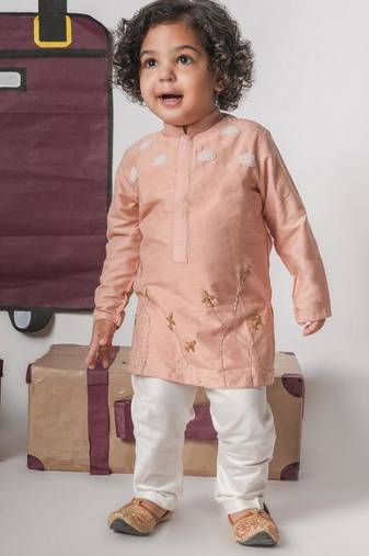 Onion pink aeroplans/clouds hand embroidery kurta with pajama set