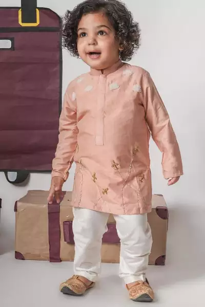 Onion pink aeroplans/clouds hand embroidery kurta with pajama set
