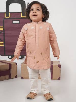 Onion pink aeroplans/clouds hand embroidery kurta with pajama set 2