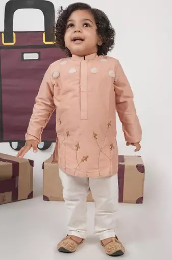 Onion pink aeroplans/clouds hand embroidery kurta with pajama set
