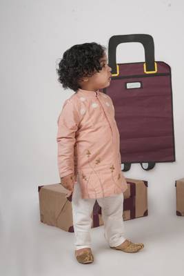 Onion pink aeroplans/clouds hand embroidery kurta with pajama set 3