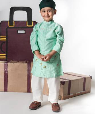 Mint green aeroplans/clouds hand embroidery kurta with pajama set 1