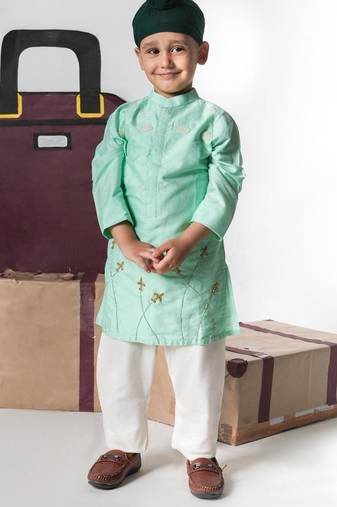 Mint green aeroplans/clouds hand embroidery kurta with pajama set