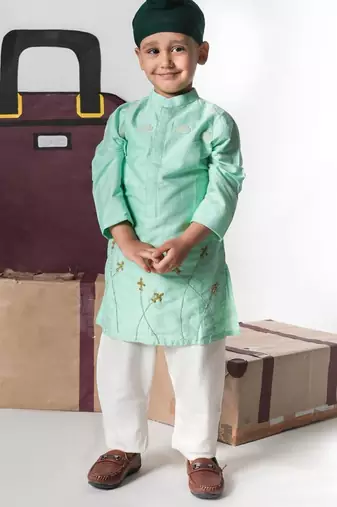 Mint green aeroplans/clouds hand embroidery kurta with pajama set