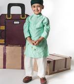 Mint green aeroplans/clouds hand embroidery kurta with pajama set