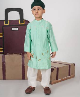 Mint green aeroplans/clouds hand embroidery kurta with pajama set 2