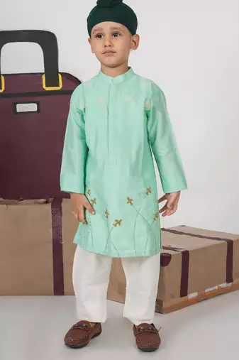 Mint green aeroplans/clouds hand embroidery kurta with pajama set