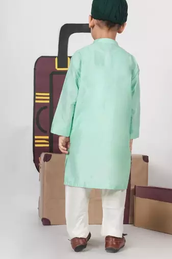 Mint green aeroplans/clouds hand embroidery kurta with pajama set