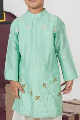 Mint green aeroplans/clouds hand embroidery kurta with pajama set 4