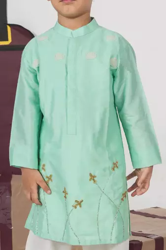 Mint green aeroplans/clouds hand embroidery kurta with pajama set