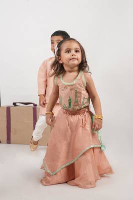 Onion pink travel theme hand embroidered blouse with double layer ghagara set 1