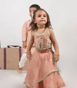 Onion pink travel theme hand embroidered blouse with double layer ghagara set