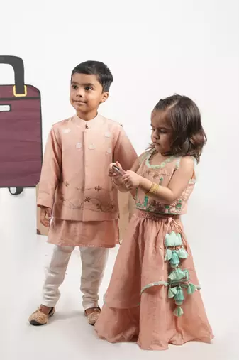 Onion pink travel theme hand embroidered blouse with double layer ghagara set