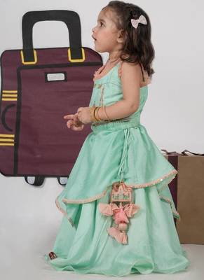 Mint green travel theme hand embroidered blouse with double layer ghagara set 1