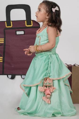 Mint green travel theme hand embroidered blouse with double layer ghagara set