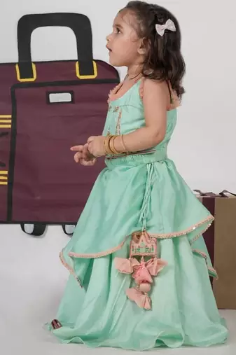 Mint green travel theme hand embroidered blouse with double layer ghagara set