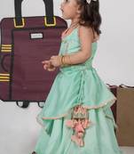 Mint green travel theme hand embroidered blouse with double layer ghagara set