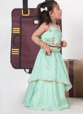 Mint green travel theme hand embroidered blouse with double layer ghagara set 2