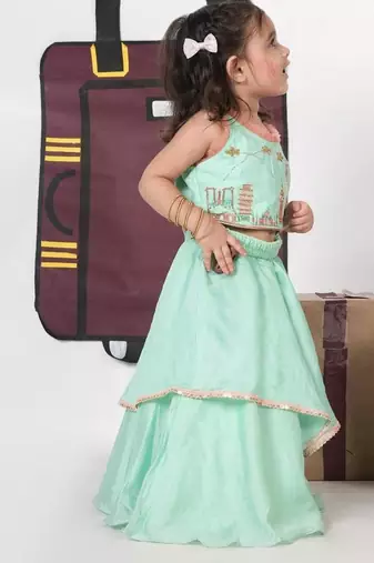 Mint green travel theme hand embroidered blouse with double layer ghagara set