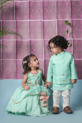 Mint green travel theme hand embroidered blouse with double layer ghagara set 4