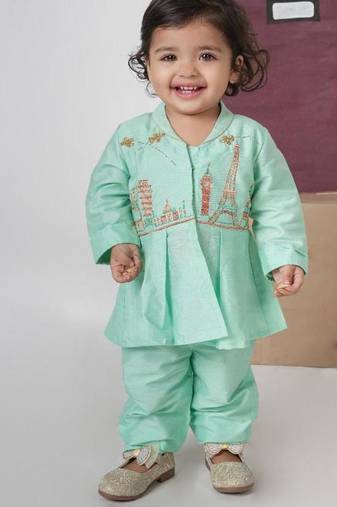 Mint green travel theme hand embroidered cord set