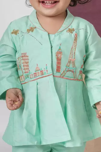 Mint green travel theme hand embroidered cord set