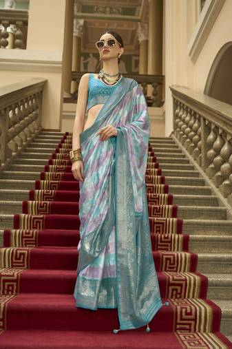 Sky blue poly viscose satin silk color block rangat woven foil printed saree
