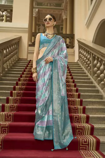 Sky blue poly viscose satin silk color block rangat woven foil printed saree