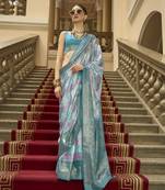 Sky blue poly viscose satin silk color block rangat woven foil printed saree