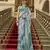 Sky blue poly viscose satin silk color block rangat woven foil printed saree