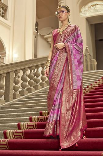 Pink poly viscose satin silk color block rangat woven foil printed saree