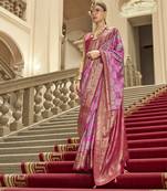 Pink poly viscose satin silk color block rangat woven foil printed saree