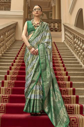 Green poly viscose satin silk color block rangat woven foil printed saree