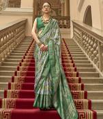 Green poly viscose satin silk color block rangat woven foil printed saree