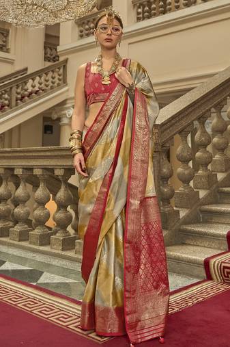 Red poly viscose satin silk color block rangat woven foil printed saree