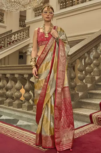 Red poly viscose satin silk color block rangat woven foil printed saree
