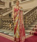 Red poly viscose satin silk color block rangat woven foil printed saree