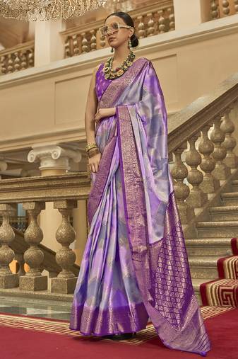 Purple poly viscose satin silk color block rangat woven foil printed saree