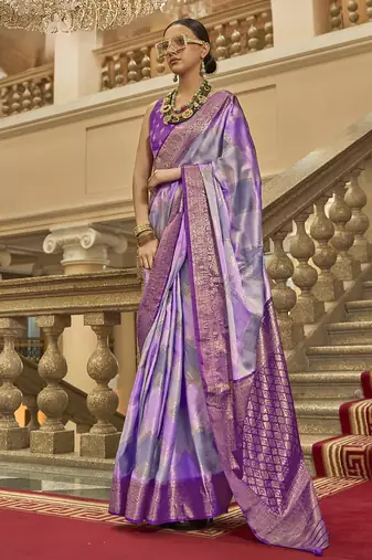 Purple poly viscose satin silk color block rangat woven foil printed saree