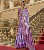 Purple poly viscose satin silk color block rangat woven foil printed saree