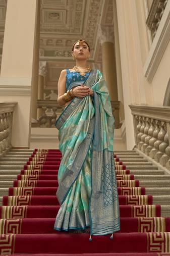 Blue poly viscose satin silk color block rangat woven foil printed saree