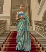 Blue poly viscose satin silk color block rangat woven foil printed saree