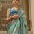Blue poly viscose satin silk color block rangat woven foil printed saree