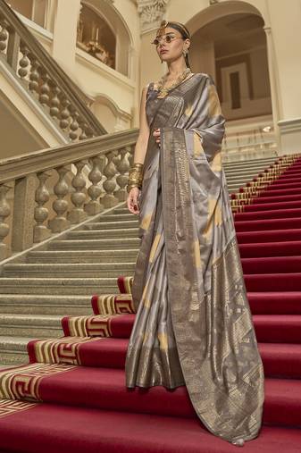 Grey poly viscose satin silk color block rangat woven foil printed saree