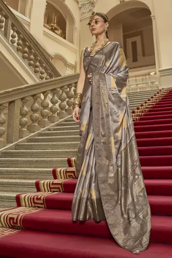 Grey poly viscose satin silk color block rangat woven foil printed saree
