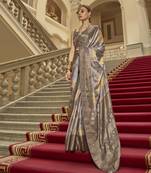 Grey poly viscose satin silk color block rangat woven foil printed saree