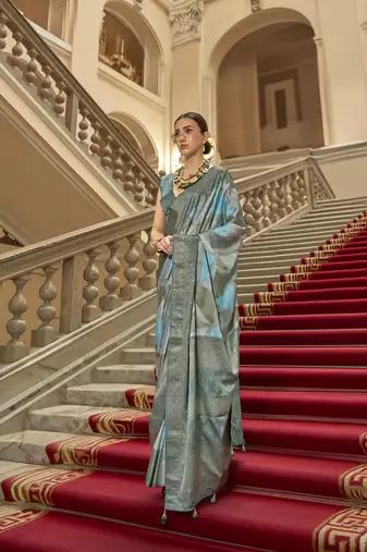 Dove grey poly viscose satin silk color block rangat woven foil printed saree