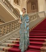 Dove grey poly viscose satin silk color block rangat woven foil printed saree