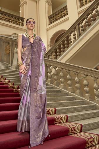Lavender poly viscose satin silk color block rangat woven foil printed saree