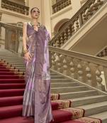 Lavender poly viscose satin silk color block rangat woven foil printed saree